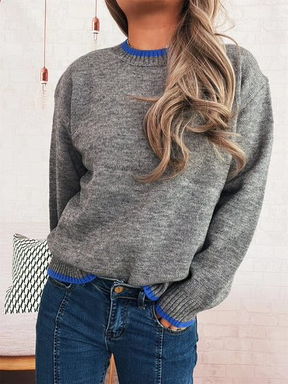 Ribbed Contrast Trim Long Sleeve Sweater-Nordavory