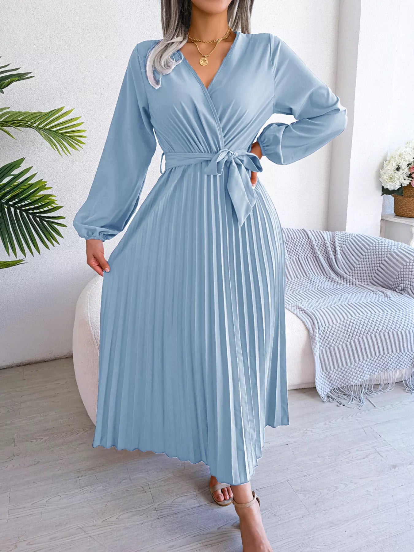 Elegant Pleated Front Tie Long Sleeve Dress-Nordavory