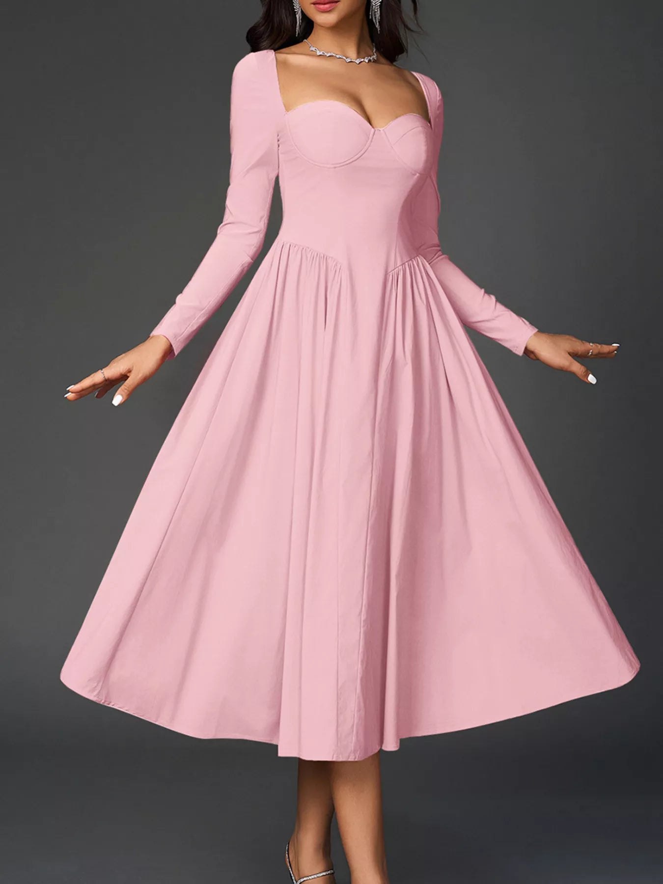 Sweetheart Neckline Long Sleeve A-Line Midi Dress-Nordavory