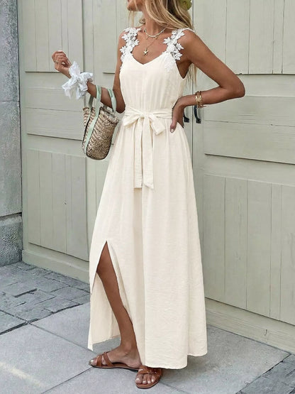 Lace Trimmed Slit Maxi Dress-Nordavory