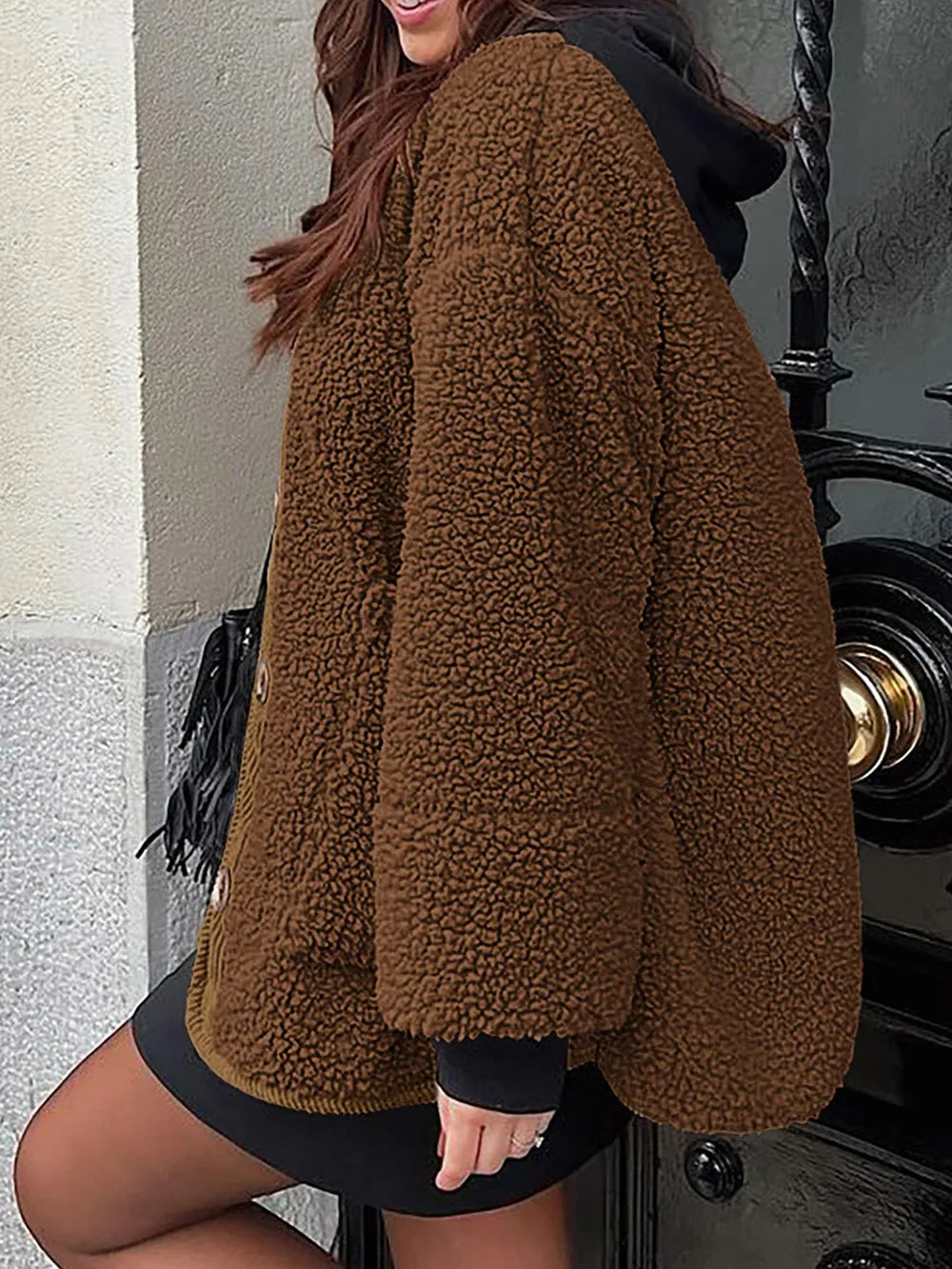 Contrast Button Up Sherpa Jacket with Pockets-Nordavory