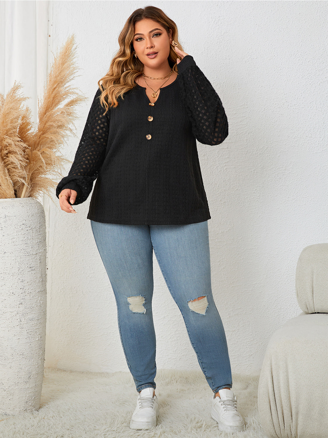 Honey Plus Size Openwork Notched Button Front Blouse-Nordavory