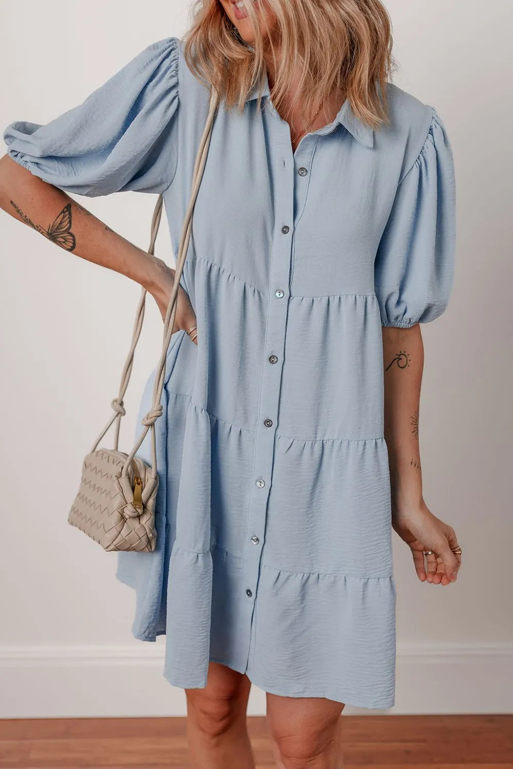 Button Up Puff Sleeve Tiered Shirt Dress-Nordavory