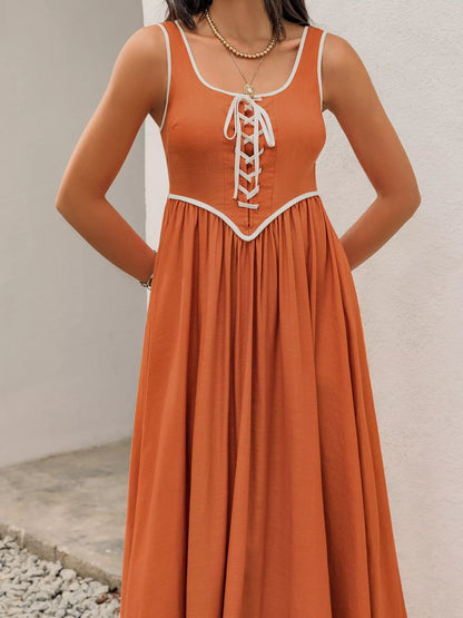 Contrast Trim Lace-Up Maxi Tank Dress-Nordavory