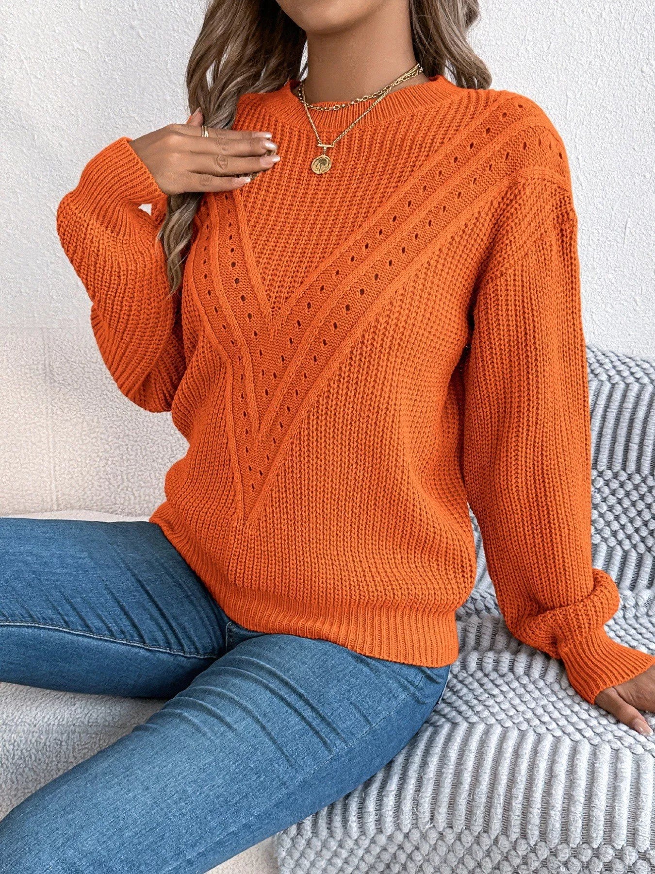 Openwork Round Neck Sweater-Nordavory