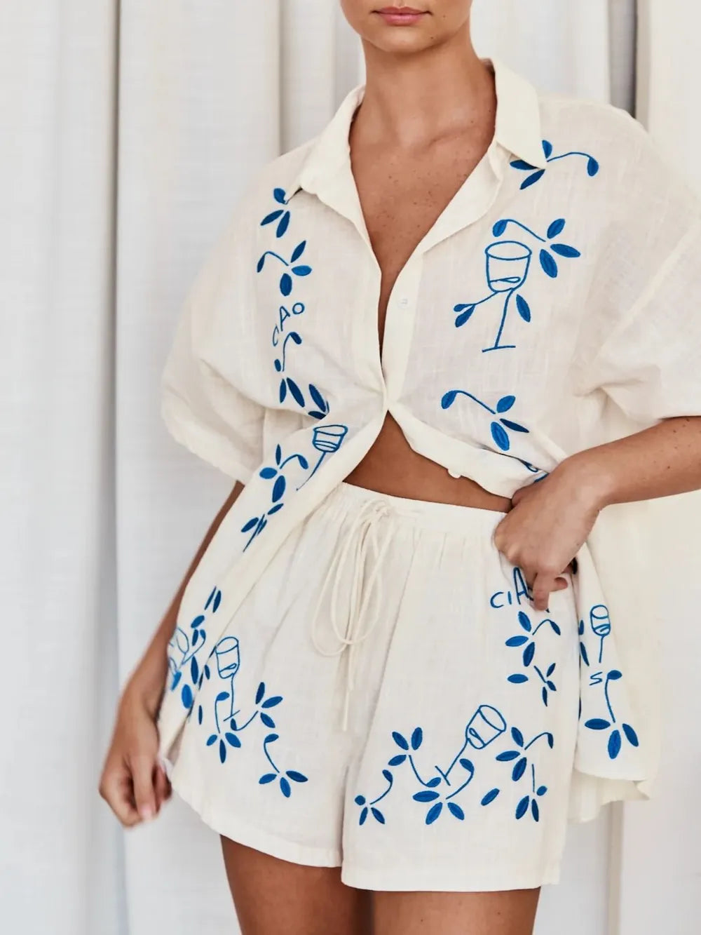 Embroidered Button Up Half Sleeve Top and Shorts Set-Nordavory