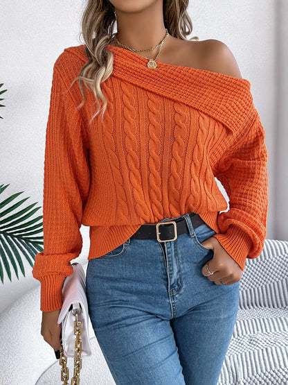 Off-Shoulder Cable Knit Sweater-Nordavory