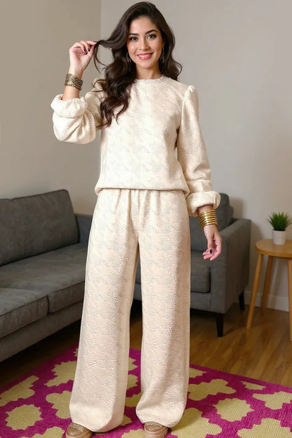 Double Take Texture Long Sleeve Top and Wide Leg Pants Set-Nordavory