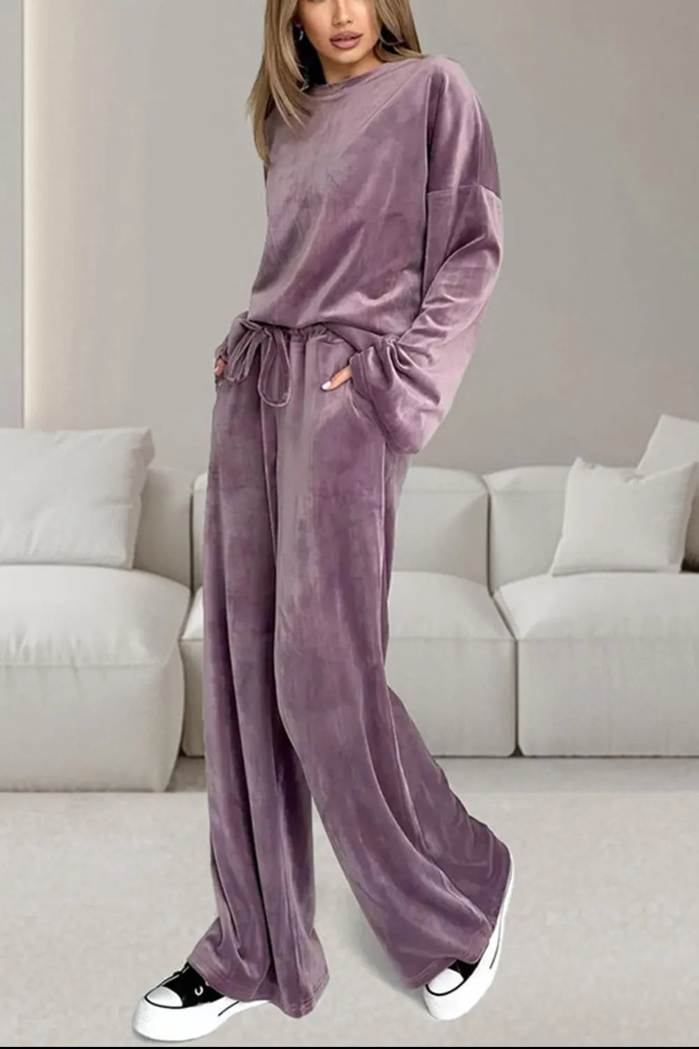 Buttery-Soft Round Neck Long Sleeve Top and Drawstring Pants Set-Nordavory