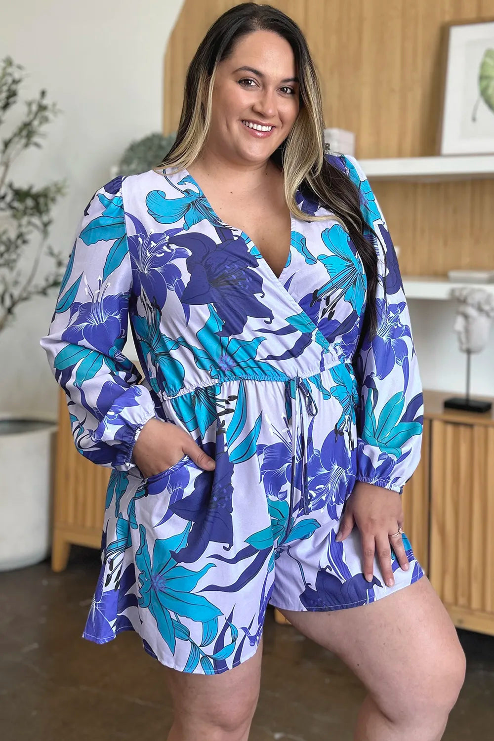 Double Take Full Size Floral Long Sleeve Romper with Pockets-Nordavory
