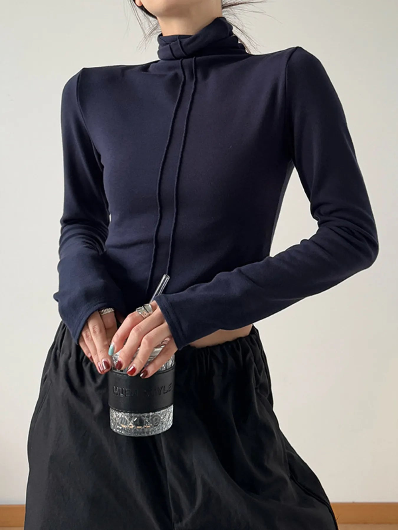 High Neck Long Sleeve Cropped T-Shirt-Nordavory