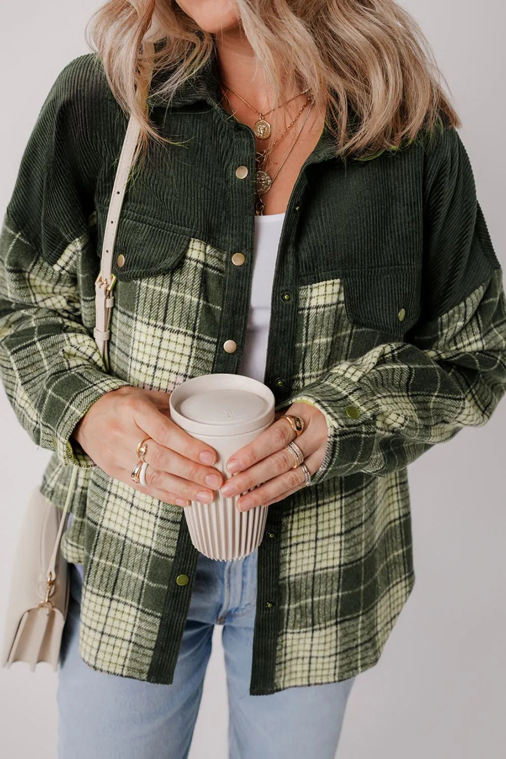 Snap Down Collared Neck Plaid Shacket-Nordavory