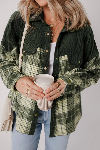 Snap Down Collared Neck Plaid Shacket-Nordavory