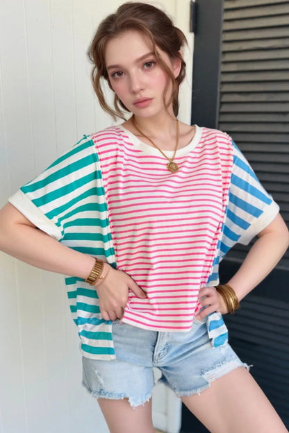Color Block Striped Batwing Sleeve T-Shirt-Nordavory