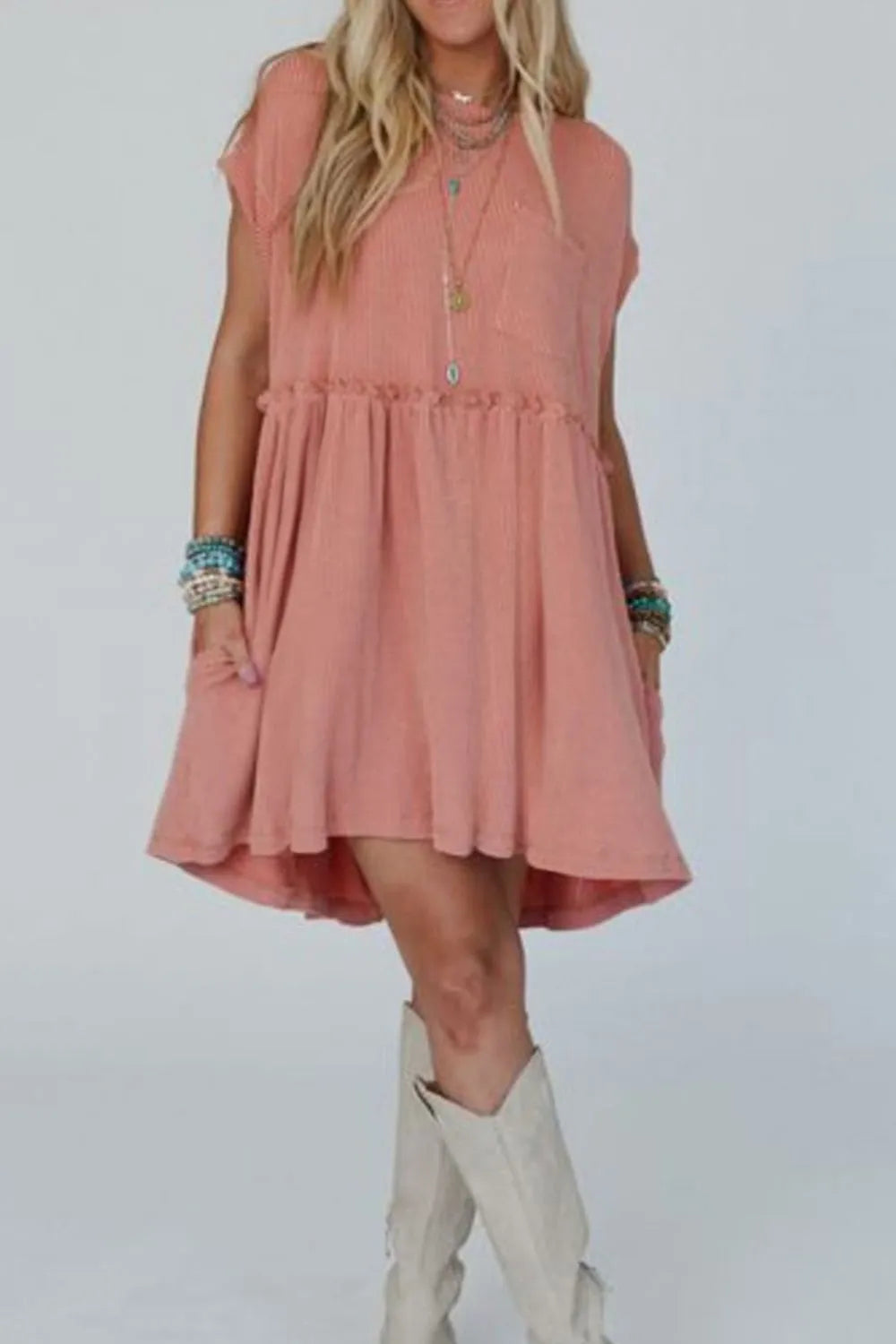 Corded Knit Textured Patched Pocket Frilled Swing Mini Dress with Pockets-Nordavory