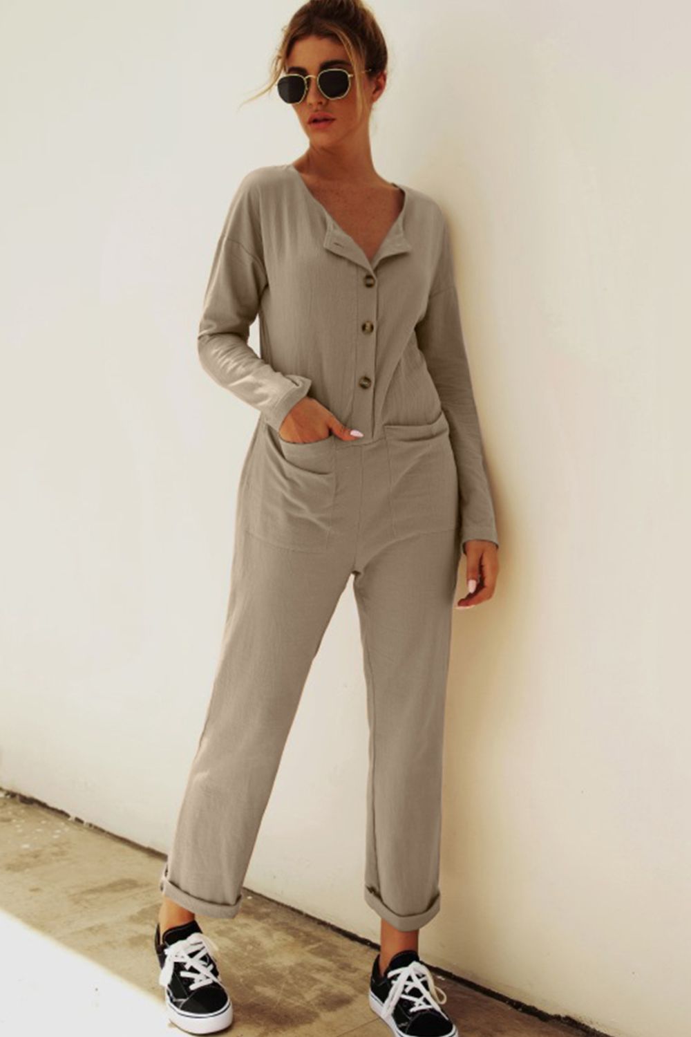 Buttoned Drop Shoulder Pocket Jumpsuit-Nordavory