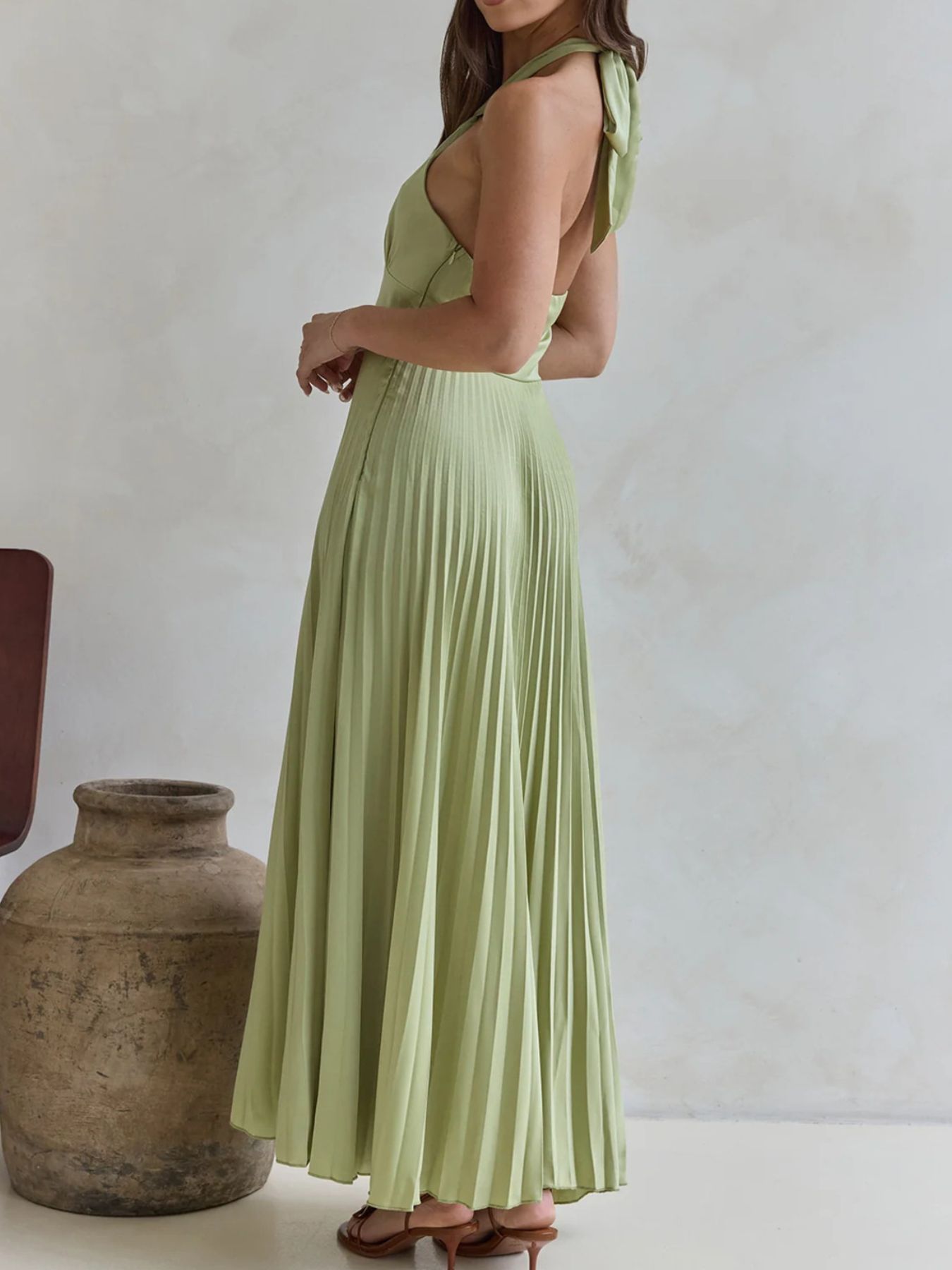Halter Neck Pleated A-Line Dress-Nordavory