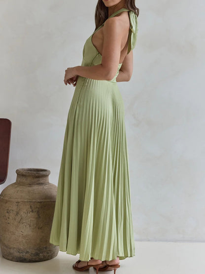 Halter Neck Pleated A-Line Dress-Nordavory