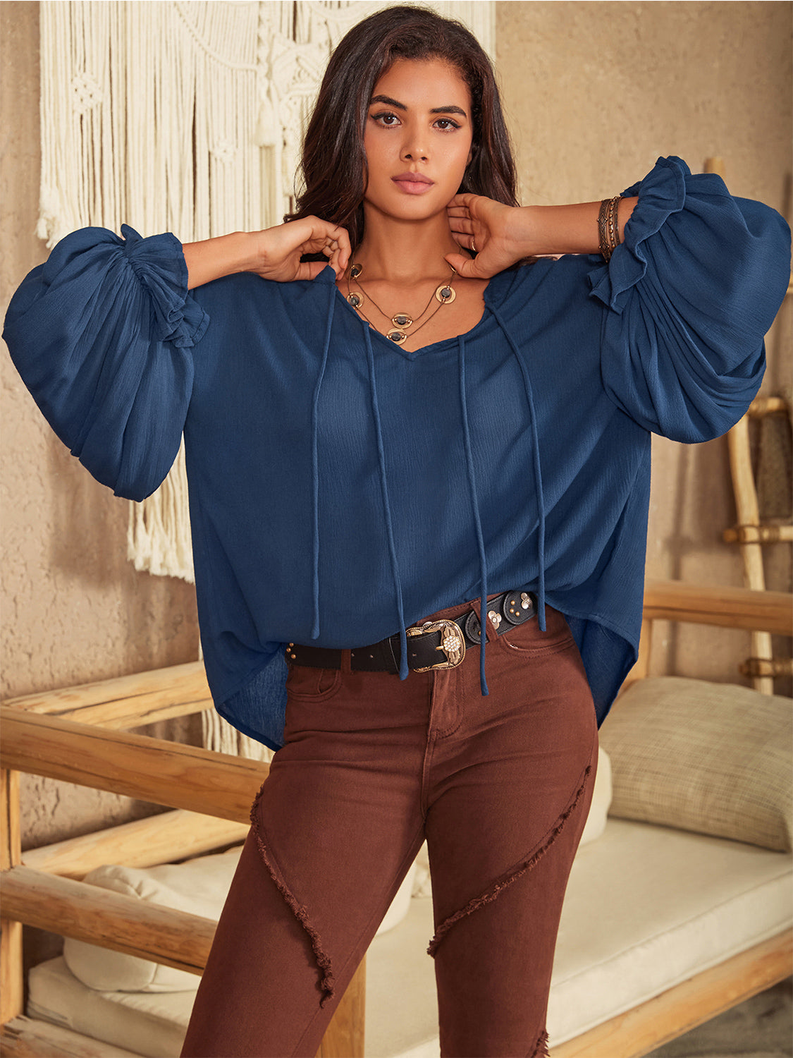 Tie Neck Long Sleeve Blouse-Nordavory