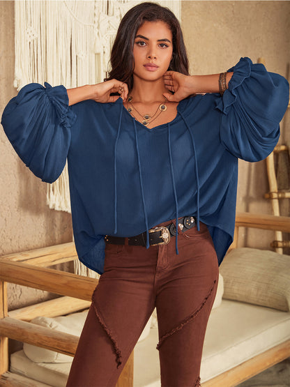 Tie Neck Long Sleeve Blouse-Nordavory