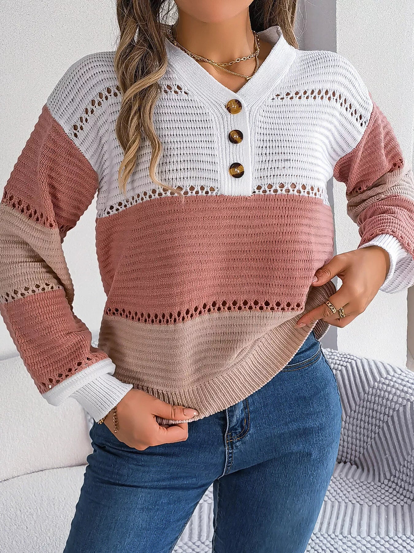 Color Block Striped V-Neck Button Detail Sweater-Nordavory