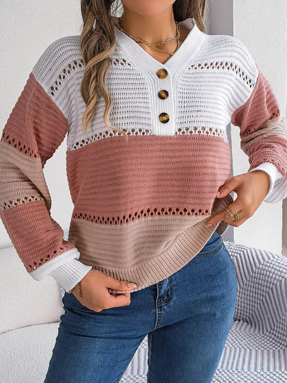 Color Block Striped V-Neck Button Detail Sweater-Nordavory