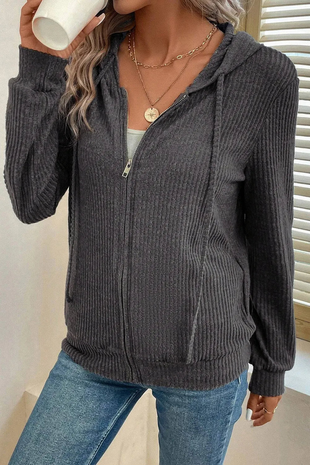 Drawstring Zip Up Long Sleeve Hooded Jacket-Nordavory