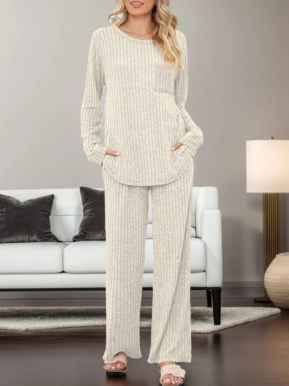 Round Neck Long Sleeve Top and Pants Set-Nordavory