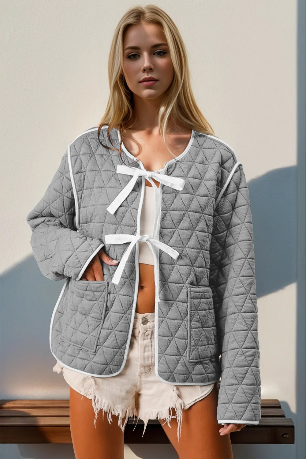 Double Take Contrast Trim Tie Front Quilted Jacket with Pockets-Nordavory