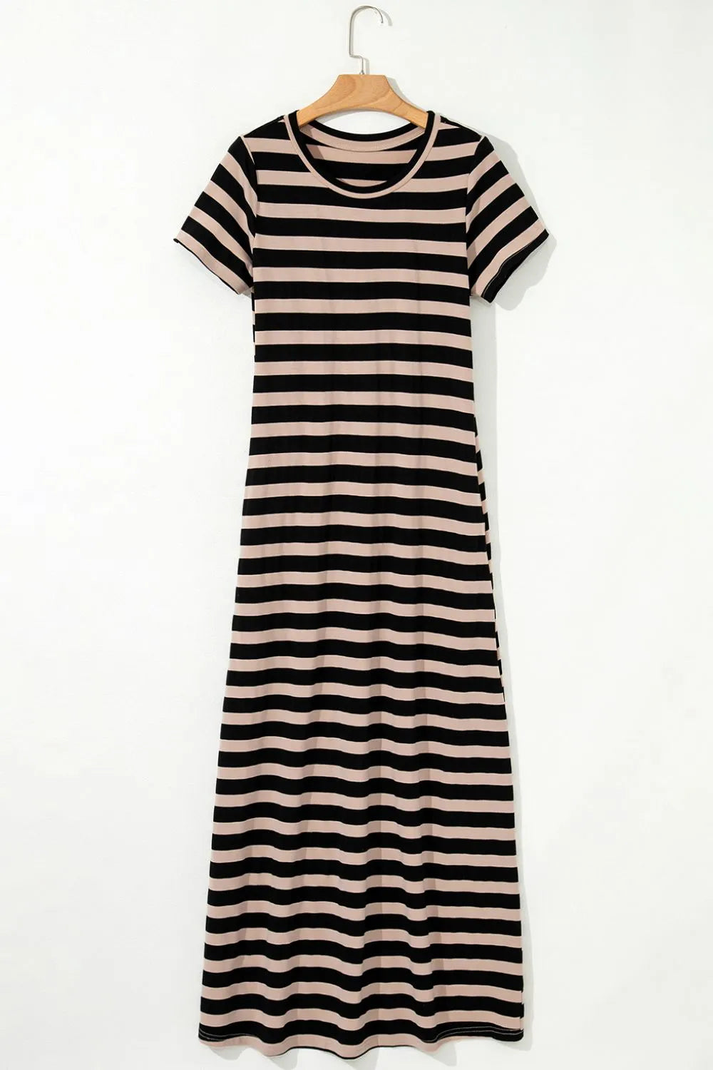 Stripe Casual Round Neck Tee Dress with Pockets-Nordavory