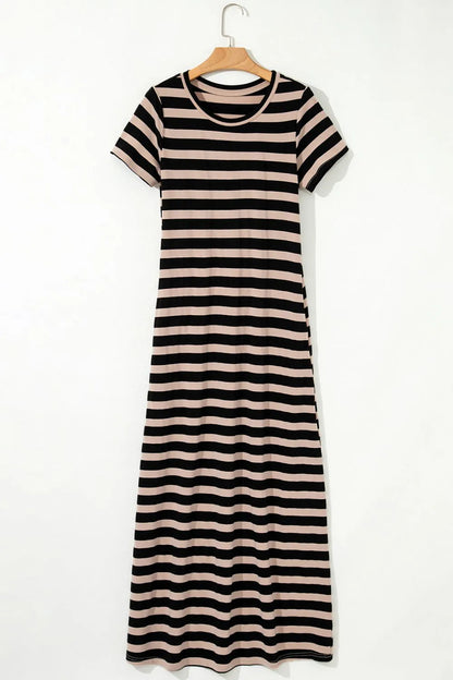 Stripe Casual Round Neck Tee Dress with Pockets-Nordavory