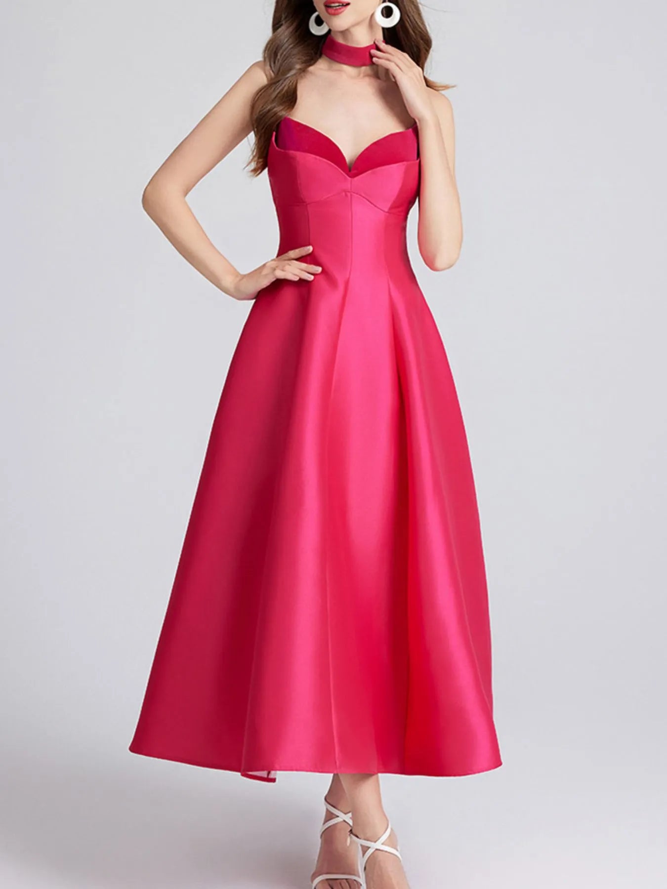 Sweetheart Spaghetti Strap Midi Dress with Collar-Nordavory