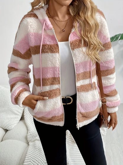 Drawstring Striped Zip Up Hooded Jacket-Nordavory