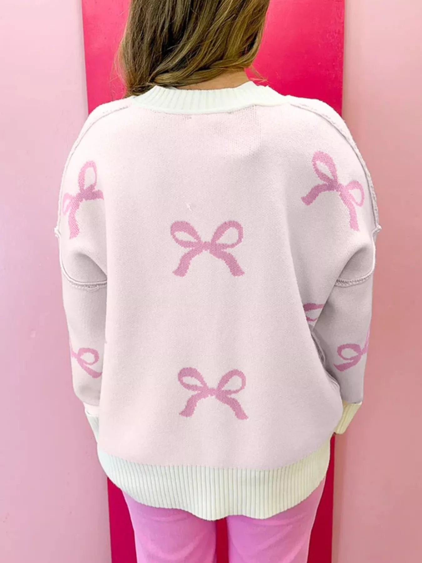 Bow Print Ribbed Trim Exposed Seam Drop Shoulder Loose Sweater-Nordavory