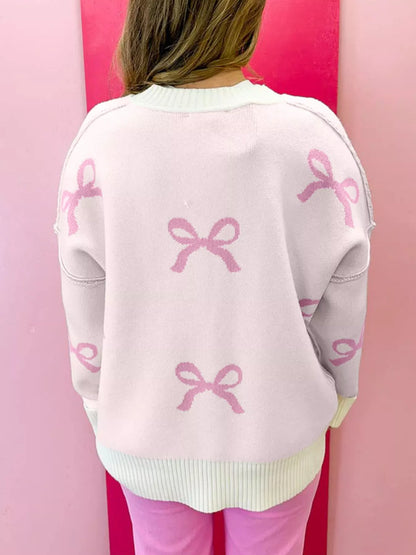 Bow Print Ribbed Trim Exposed Seam Drop Shoulder Loose Sweater-Nordavory