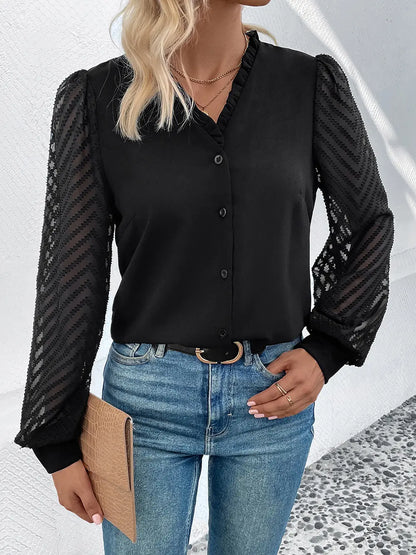 Perfee Mesh V-Neck Button Front Blouse-Nordavory