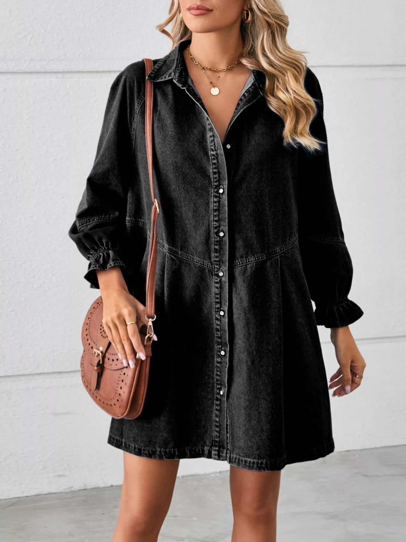 Button Down Ruffle Cuff Denim Dress-Nordavory