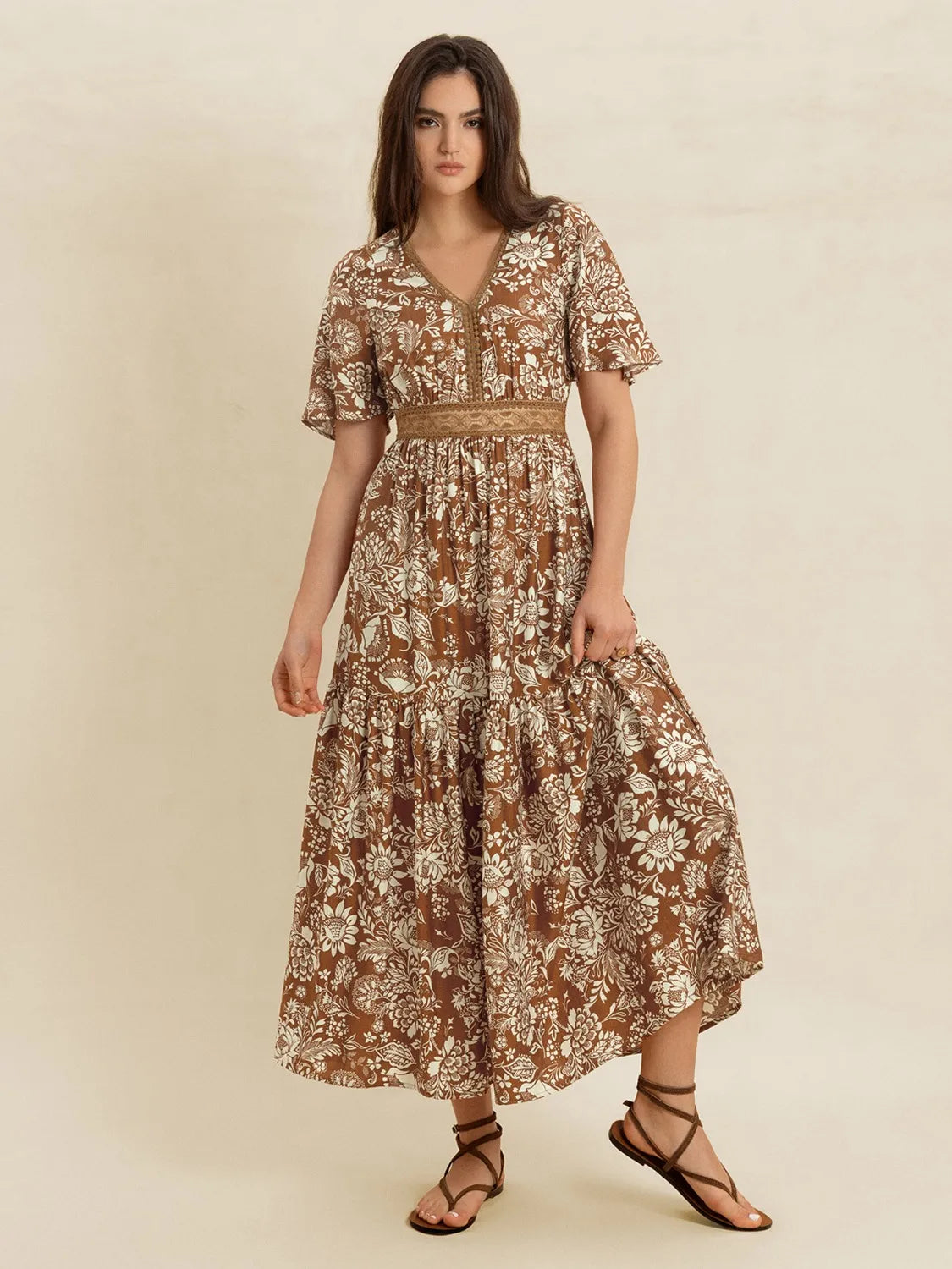 Lace Detail Printed Short Sleeve Midi Dress-Nordavory