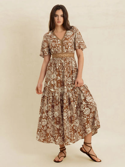 Lace Detail Printed Short Sleeve Midi Dress-Nordavory