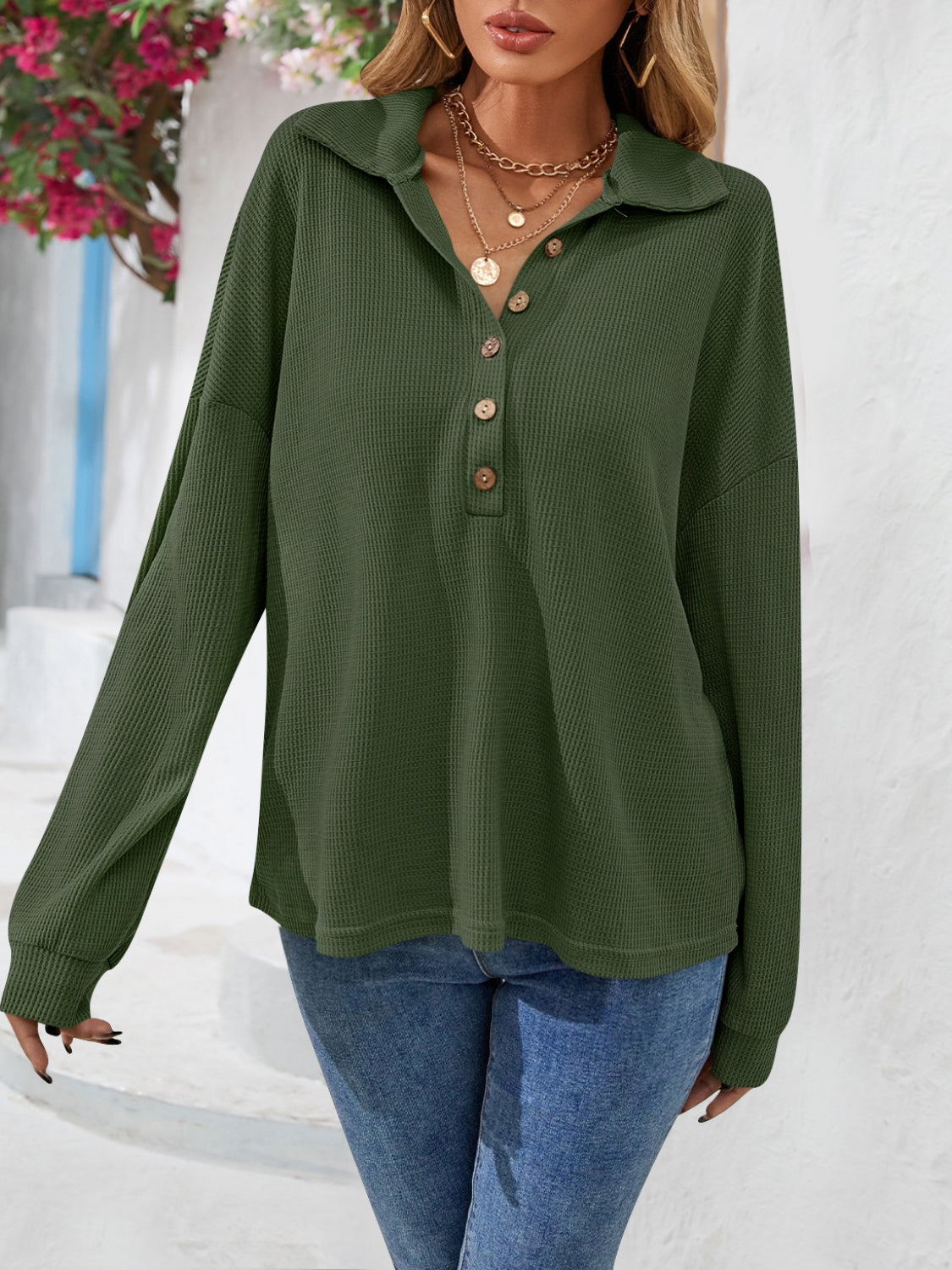 Half Button Collared Neck Long Sleeve Top-Nordavory