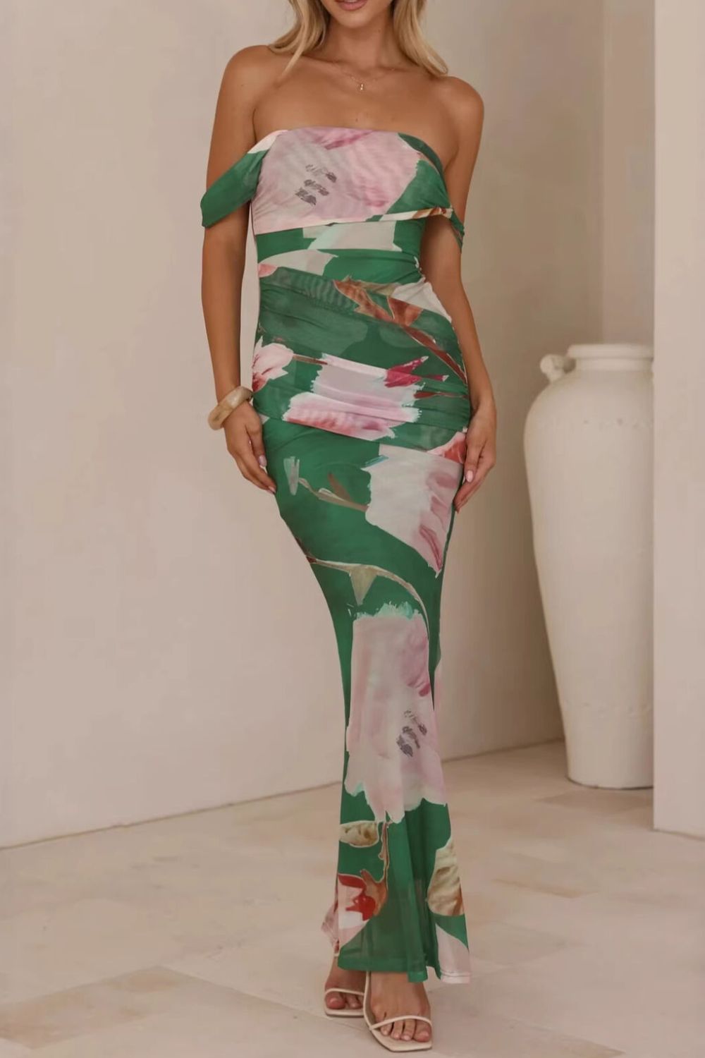 Floral Print One-Shoulder Ruched Maxi Dress-Nordavory