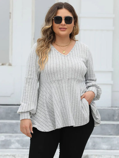 Plus Size Ribbed V-Neck Long Sleeve Blouse-Nordavory