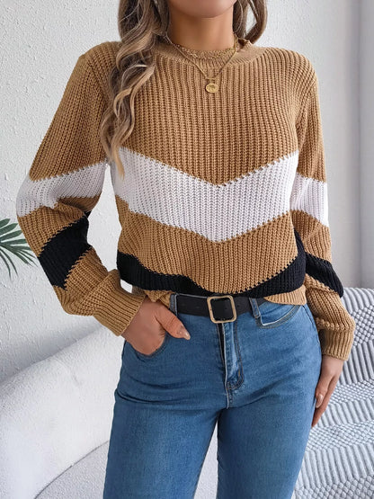 Chevron Stripe Color Block Round Neck Sweater-Nordavory