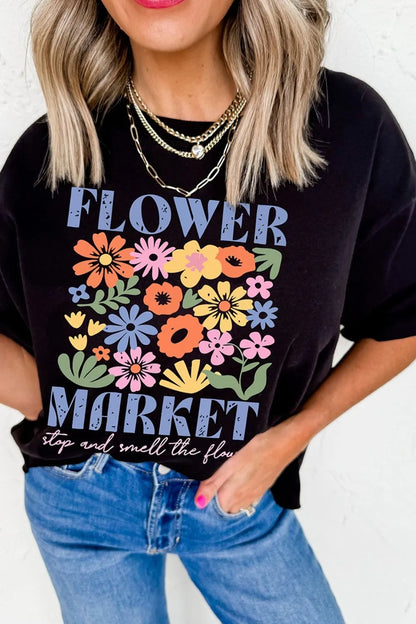 Flower Market Graphic Round Neck T-Shirt-Nordavory
