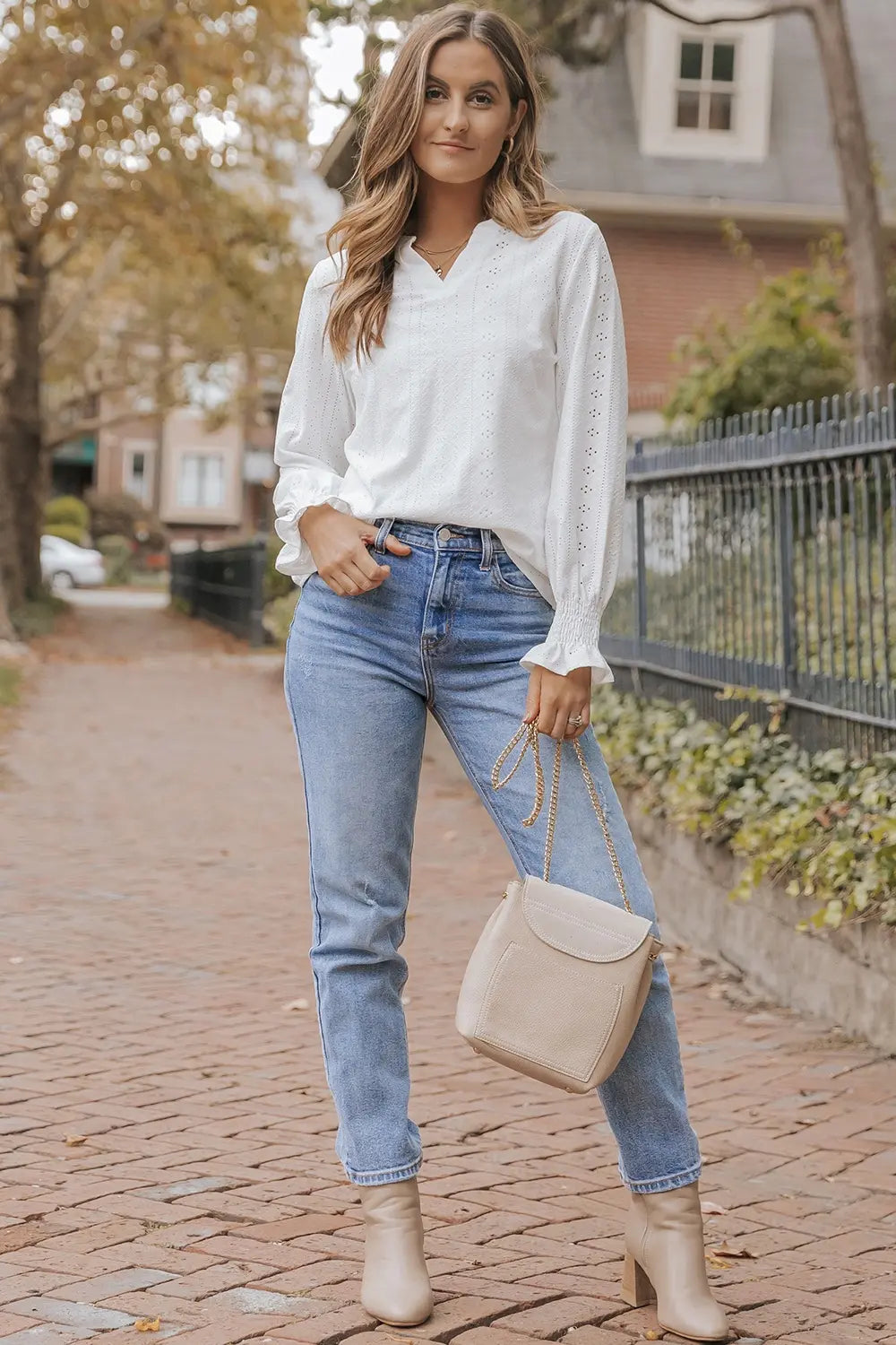 Openwork Notched Flounce Sleeve Blouse-Nordavory