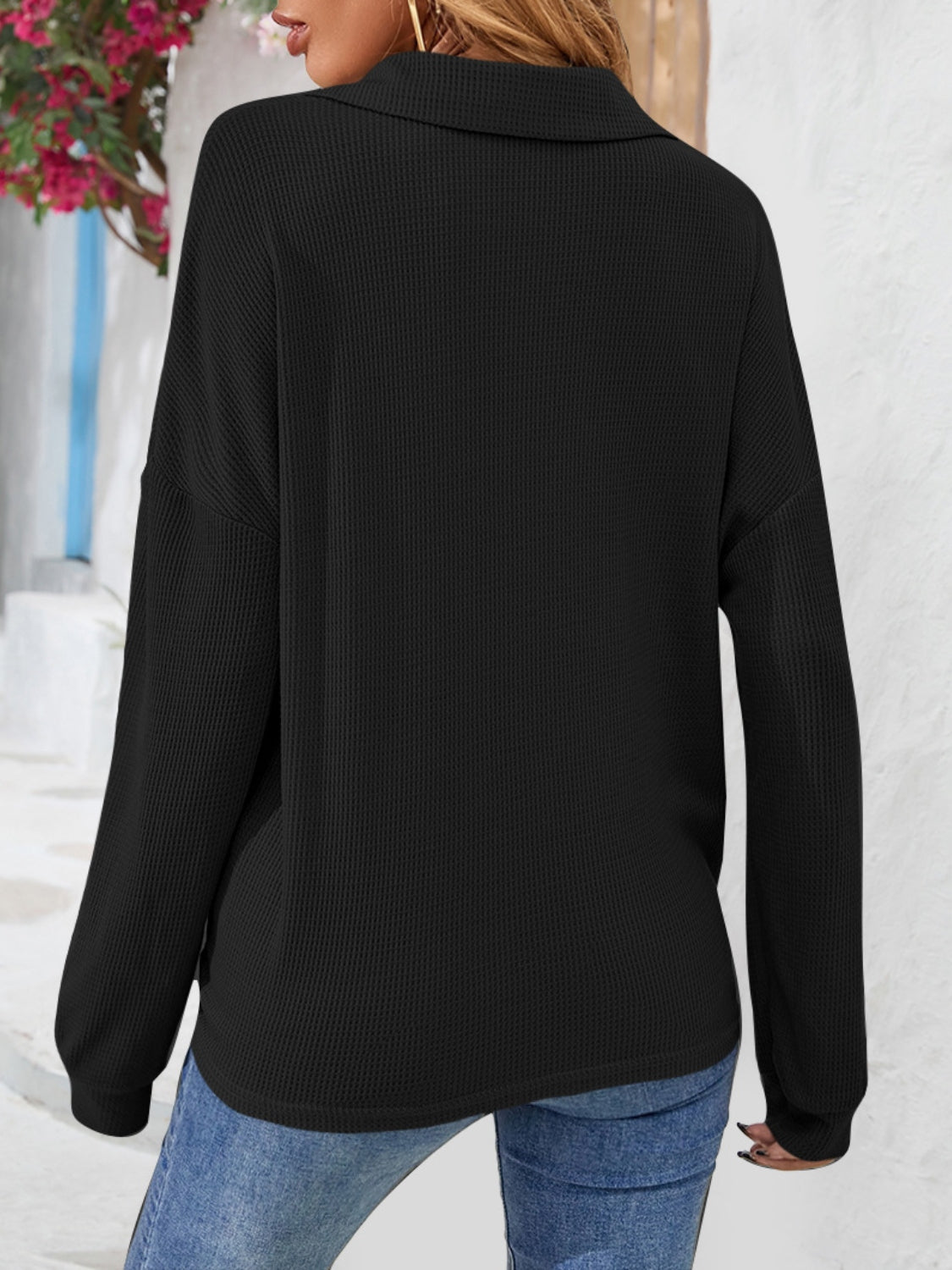 Half Button Collared Neck Long Sleeve Top-Nordavory