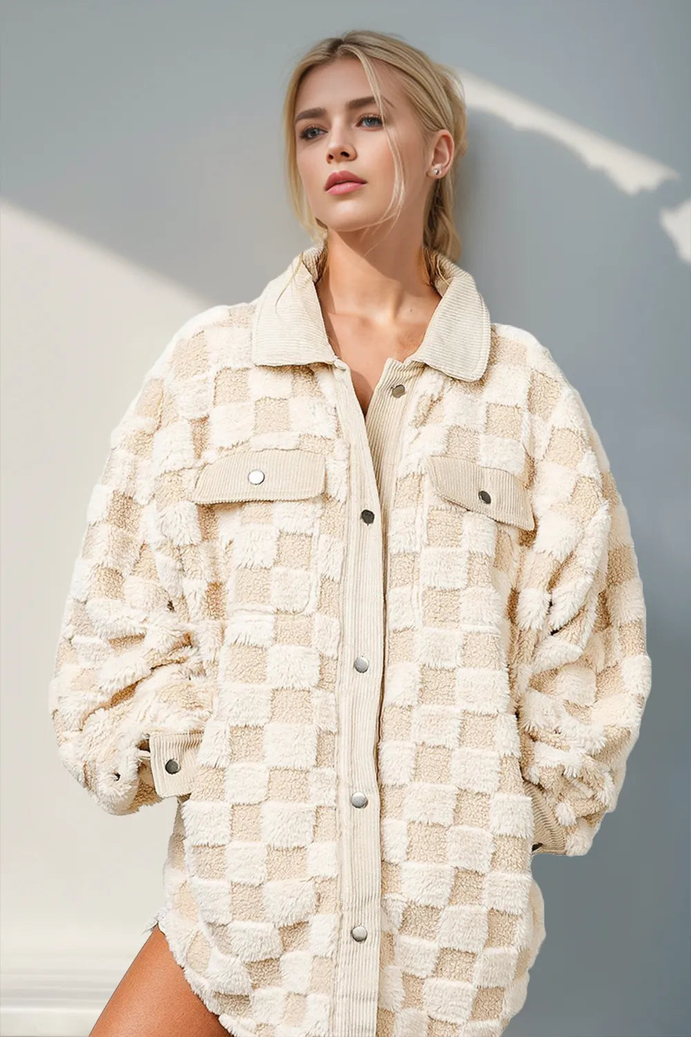 Double Take Button Up Fuzzy Checkered Shacket-Nordavory