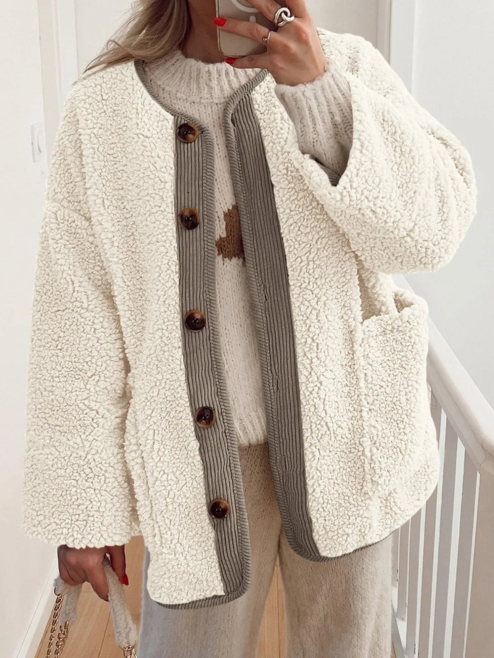Contrast Button Up Sherpa Jacket with Pockets-Nordavory