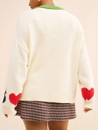 Swan Heart Pattern Round Neck Sweater-Nordavory