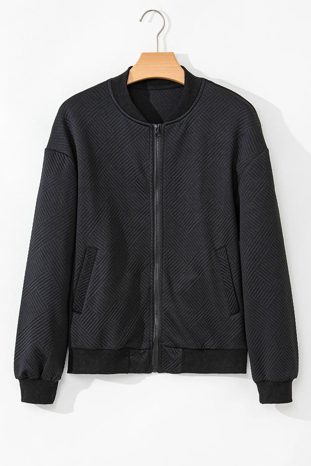 Texture Zip Up Baseball Collar Long Sleeve Jacket-Nordavory